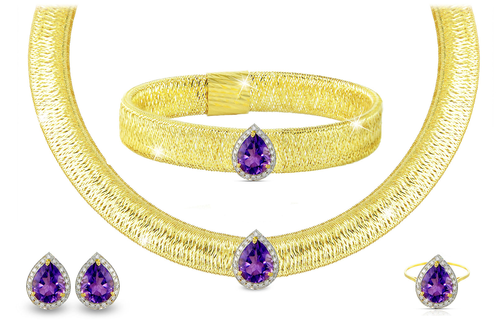 Vera Perla 18K Gold 0.60ct Diamonds, Amethyst  Jewelry Set - 4 pcs.